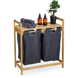 Relaxdays Wäschekorb Regal, Bambus, ausziehbar, HBT: 73 x 64 x 33 cm, 2 Fächer & 1 Ablage, Wäschesammler Bad, natur/grau