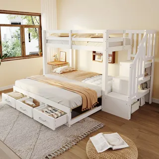Etagenbett 90x200 cm mit Ausziehfunktion und Stauraum - Weißes Jugendbett mit Schubladen und Lattenrost - Weiß