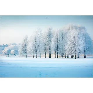 Wallario Outdoor-Poster für Garten oder Balkon, Motiv Verschneite Bäume in einer Winterlandschaft, in ca. 61 x 91,50 cm - Weiß
