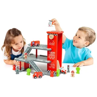 MOLTO | Grand Parkplatz für Kinder, aus Holz mit Aufzug, Heliport, Vielzahl von Zubehör und Figuren | inkl. LKW, Krankenwagen und Helikopter | Lernspielzeug für Jungen und Mädchen | ab 3 Jahren