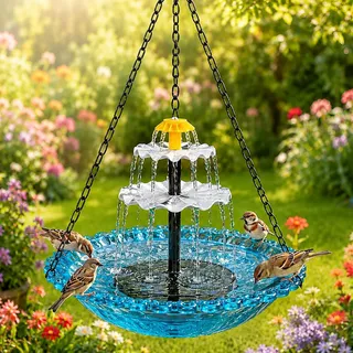 Vogeltränke Hängend mit Springbrunnen Solar,3 Stufig Solarbetriebenes Vogelbad,Vogelbad Garten zum Aufhängen,Solar Vogeltränke Balkon,Metall Trinkschale Vögel für Garten Hof Outdoor