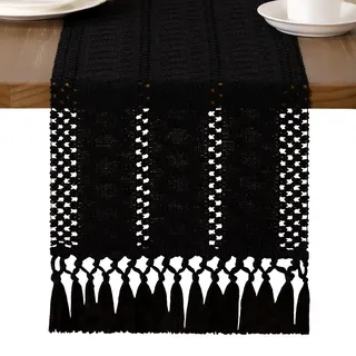 MLMW Schwarzer Tischläufer, Boho-Stil, klein, kurz, Couchtisch, Tafelaufsatz, Dekoration, Makramee, Kommode, Läufer mit Quasten, für rustikale Frühlingsdekoration, Wohnzimmer, Esszimmer, Schlafzimmer,