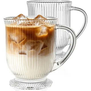 KEMORELA 2er Set 480ml Geriffelte Glasbecher mit Henkel – Teegläser mit Griff für Kaffee, Matcha Latte, Iced Coffee & Smoothies – Dickwandige Trinkgläser