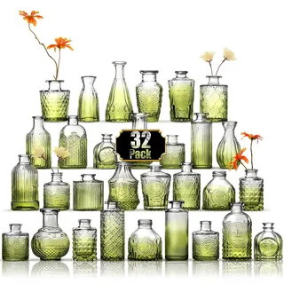 Arme Knospenvasen-Set mit 30 Stück, grüne Vasen aus Glas, Knospenvasen in Großpackung, kleine Vasen für Tafelaufsätze, Mini-Blumenvasen-Set, niedliche Vintage-Glasvasen, Set für Blumen, Hochzeit,