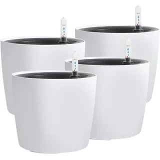 KINJOEK Selbstbewässernder Pflanzkübel mit Wasserstandsanzeige, moderner Garten, dekorativer weißer Blumentopf für Zimmerpflanzen, Blumen, afrikanische Veilchen, Sukkulenten, Weiß, 4 Packungen