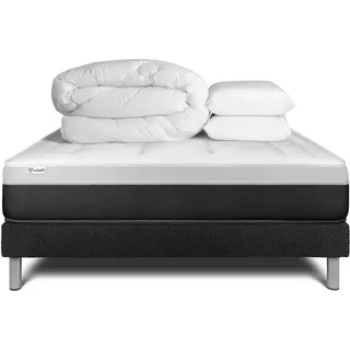 Komplettpaket Bett - Matratze 200x200 cm + Boxspringbett mit Lattenrost (im Set) + 2 Kopfkissen + Bettdecke - Vital Form - Schwarz