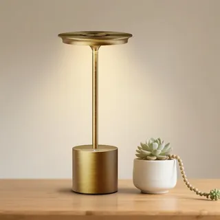 YIKUI Tischlampe Kabellose, LED 3 Farbtemperatur Dimmbare, Außenbereich Camping IP54 wasserdicht Tischleuchte, 6000 mAh Batterie Schlafzimmer Restaurant (Gold)