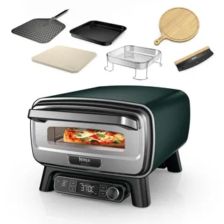 bez marki Ninja Artisan Outdoor-Pizzaofen und Heißluftfritteuse, 4 Funktionen | Servierbrett, Pizza-Wiegemesser, 30-cm-Pizzastein, Pizzaschale, Backblech und Heißluft-Fritteusen-Korb, Grün
