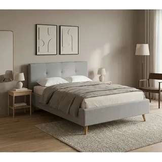Mid.you Polsterbett , Grau , Holz , Eiche , Hartholz , 200x200 cm , gepolstertes Kopfteil, für Lattenrost geeignet , Schlafzimmer, Betten, Holzbetten