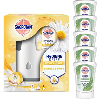 Sagrotan Set mit Sagrotan No-Touch Automatischer Seifenspender inkl. Nachfüller Lotusblüte und Kamillenöl (1 x 250 ml) und Sagrotan No-Touch Nachfüller Aloe Vera (5 x 250 ml)