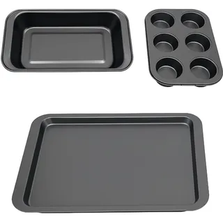 Relaxdays Backformen Set 3-tlg., Muffinblech, Kastenform, dunkelgrau | Bratform, antihaftbeschichtet, Carbonstahl, 230 °C