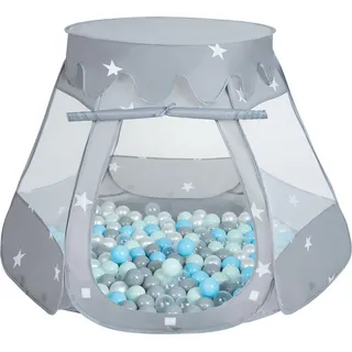 Selonis baby spielzelt mit plastikbällen zelt 105x90cm/100 bälle plastikkugel kinder, grau:perle-grau-transparent-babyblau-mint