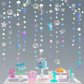 Schillernde Meerjungfrauen-Girlande mit Quallen, Muscheln, Seestern, Perle, holografischer Papierschlangen für kleine Meerjungfrau, Regenbogen-Thema, Geburtstag, Junggesellinnenabschied, Babyparty,