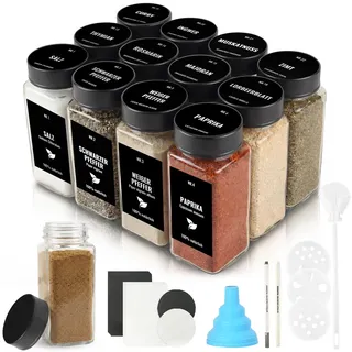 JAECU 12pcs Gewürzgläser Eckig mit Edelstahldeckel, 120ml Glasbehälter mit Streueinsatz, Luftdichte Gewürzdosen inkl. Trichter, Permanentmarker, Bürste & Etiketten (Schwarz)