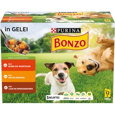 Bonzo Adult Hundefutter - Nassfutter mit Rind und Karotten, mit Huhn und Erbsen in Gelee 12 x 100g (48 Portionsbeutel; 4,8kg)
