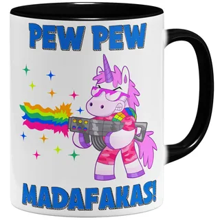 OM3® lustige Einhorn Pew Pew Madafakas Kaffee-Tasse mit Spruch - Regenbogen Unicorn - Keramik Becher - 325ml - Beidseitig Bedruckt - Schwarz