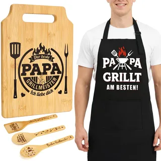 Papa Geschenk Set - Graviertes Bambus Schneidebrett Mit Personalisiertes Schürze und 3 Holzlöffel, Bester Papa Geschenk Geburtstag, Vater Geburtstagsgeschenk, Geschenke Zum Vatertag, Einzug