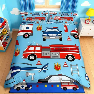 Manfei Feuerwehr LKW Kinder Bettbezug Set S Größe,Cartoon Polizei Auto Flugzeug Kleinkind Bettwäsche Set,Mädchen Erwachsene,Feuerwehr Werkzeuge Tröster Abdeckung,Rot Blau Quilt Cover,1 Kissenbezug