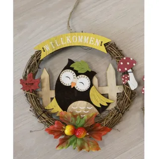 Herbstkranz Dekokranz Naturdeko Hängedeko Herbstdeko mit Eule Ø 20,5 cm Rattan