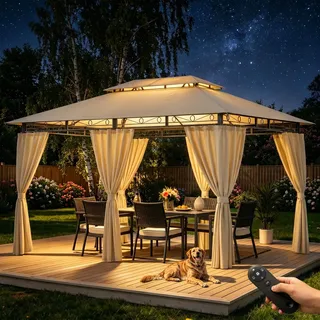 Hawthyhome Pavillon 3x4 Wasserdicht Stabil, Gartenpavillon Doppeldach, Partyzelt mit Seitenwänden, UV-Schutz 50+, Metallrahmen Pavillon für Garten Terrasse Party, Beige