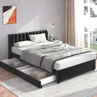 okwish Polsterbett 140 x 200 cm Doppelbett Bettgestell Samt mit 2 Schubladen,Lattenrost und Rückenlehne Jugendbett Schwarz - Schwarz