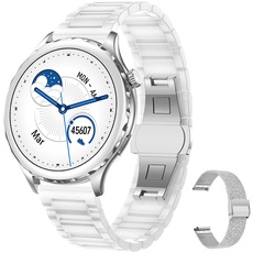 Aliwisdom Smartwatch für Damen, 1,32 Zoll HD Rund Bluetooth Anruf Smart Watch Wasserdicht Fitness Tracker Keramikband Weiß für iOS Android Mit Bluetooth telefonieren & Whatsapp Funktion (Silber)