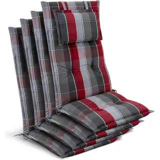 Beautissu 4x Gartenstuhlauflage Hochlehner 120x50x7cm Grau-Rot-Hellblau-Kariert