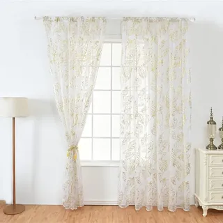 Hapivida 2 Stück Vorhänge Transparent Tüllvorhänge 100 x 200 cm Feder Muster Fenster Tür Vorhang Tüll Vorhänge für Wohnzimmer, Schlafzimmer, Mädchen Zimmer, Balkon (Gold)