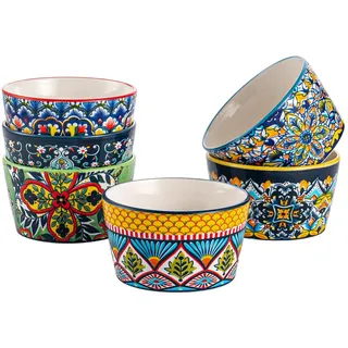 HENXFEN LEAD Creme Brulee Schälchen Porzellan, 240ml Soufflé Förmchen 6er Set, Kleine Auflaufformen in Bunte für Leckere Würzfleisch, Ragout Fin, und Pudding - Bohemian Style