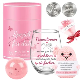Geschenke für Frauen – Personalisierte Geschenkbox mit Weinglas mit Gravur, Duftkerze, Blumen & Glücksfigur | Geschenk für Freundin & Beste Freundin | Freundschaftsgeschenk, Dankeschön & Geburtstagsge