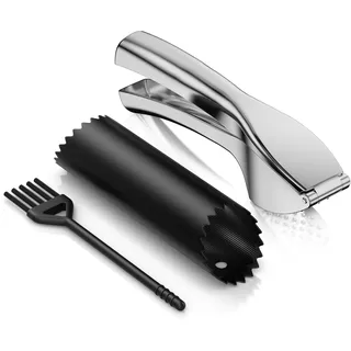 Arendo – Edelstahl Knoblauchpresse Ingwerpresse – Zinklegierung – leicht zu greifen, große Hebelwirkung – inkl. Knoblauchschäler und Reinigungsbürste - für Knoblauch und Ingwer