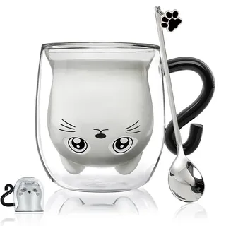 Geschenke für Frauen Katze Doppelwandige Kaffeegläser Valentinstag,Weihnachten,Geburtstagsgeschenk für Frauen,Männer, Mama,Kinder,Freundin Halloween Cappuccino,Latte Macchiato,Teegläser,Katzentasse