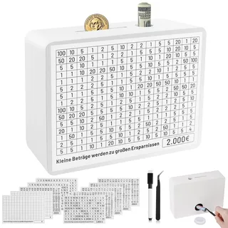 Spardose Holz mit Zähler Sparbox mit Zahlen Ankreuzen Sparschwein Nicht zum Öffnen Deine Sparbüchse mit Sparziel 500 1,000 2,000 3,000 5,000 10,000 Euro für Erwachsene und Kinder (Weiß)