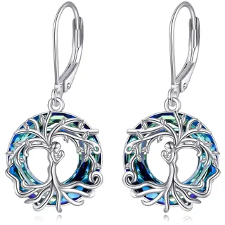 Baum des Lebens Ohrringe Sterling Silber mit Kristallen, Geburtstagsschmuck Geschenke für Mutter Tochter (Blauer Kristall)