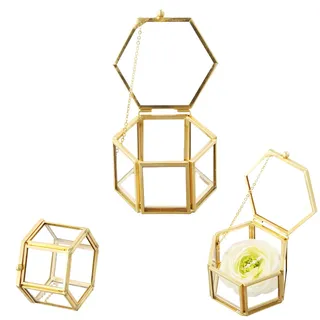 Amexo Schmuckkästchen aus Glas, Ringhalter, transparente goldene Glasringbox, geometrische sechseckige Ringbox, Schmuckkästchen zum Aufbewahren und Präsentieren von Schmuck (Gold)