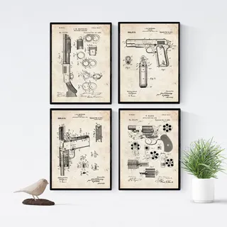 Nacnic Vintage Waffen Patent Poster 4-er Set. Vintage Stil Wanddekoration Abbildung von Gewehr und Pistolen. Verschiedene geometrische Alte Erfindungen Bilder ohne Rahmen. Größe A4.