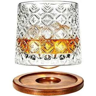 Uten Drehbare Whiskey Gläser Kristall, Wassergläser 275 ml/ 10 oz mit Bambus Untersetzer, als Cocktailbecher Kaffeetasse, Geschenk, 1 pcs, Stehaufmännchen Gläser