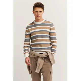 Rundhalspullover BUGATTI "Regular Fit", Herren, Gr. L, 40, beige, Strick, 95% Baumwolle, 5% Kaschmir, gestreift, regular fit, Rundhals, Rippbündchen, Pullover Rundhalspullover, gestreift aus Kaschmir-Mix