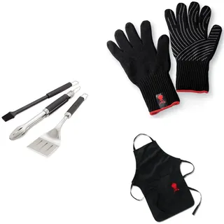 Weber 6764 Premium Grillbesteck 3-teilig, bestehend aus Grillzange, Grillwender und Silikonpinsel, Edelstahl und Silikon + Grillhandschuhe + Grillschürze