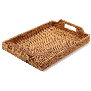 Rattan Serviertablett Rechteckig 43 × 29 × 4,5 cm – Handgeflochtenes Tablett mit Griffen, Natürliches Deko-Tablett für Frühstück, Kaffee, Snacks oder Couchtisch