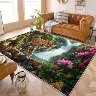 PaxGloz Leopard Teppich - Waschbarer Kleiner Teppiche Wohnzimmer 60x90 Kurzflor, Bettvorleger Schlafzimmer rutschfest, Dschungel Tiere Teppich für Kinderzimmer Fussmatte, Tropischer Dschungel Deko
