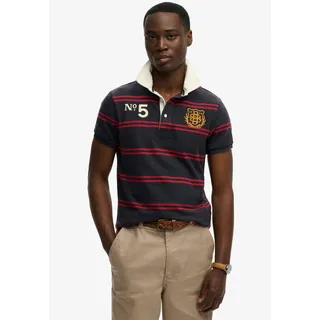 Poloshirt SUPERDRY "DOUBLE EMBLEM JERSEY SS RUGBY", Herren, Gr. XL, rot, navy stripe, Single Jersey, Obermaterial: 100% Baumwolle, gestreift, relaxed fit normal, Rundhals, Shirts Poloshirt, im angesagten Rugby Stil
