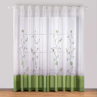 SIMPVALE 2 Stücks Sheer Vorhang Voile Blumen Stickerei Vorhänge mit Ösen Transparent Gardine Wohnzimmer Schlafzimmer Grün 140×175cm (B×H)
