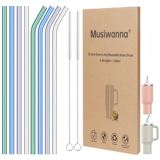 Glasstrohhalme 31cm Lange Durchmesser 1cm für Stanley Adventure Quencher Reisebecher 40oz, 8 Stück Bunt Ersatz Trinkhalme mit 2 Reinigungsbürsten, Wiederverwendbar Strohhalme, Stanley Cup Zubehör