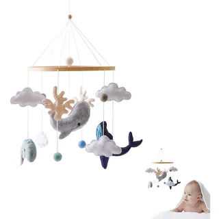 Promise Babe Mobile Baby Meerestiere mit Filzbällen, Babyzimmer Tier Delphine Wale Holz Gehäkelt Mobile Neugeborene Junge Mädchen Wolken Tiere Bettglocke Anhänger Babybett Kinderbett Wickeltisch Deko