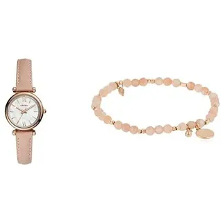 Fossil Damenuhr Carlie Mini, 28mm Gehäusegröße, Dreizeigerwerk, Lederarmband Damenarmband Halbedel