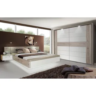 Forte RONDINO Doppelbett, Liegefläche: 180 x 200 cm, Sandeiche Holzdekor/Hochglanz Weiß Bettanlage Doppelbett Bett inkl. Fussbank und Nachtkonsolen, 285,3 cm breit x 87,7 cm hoch x 237 cm tief