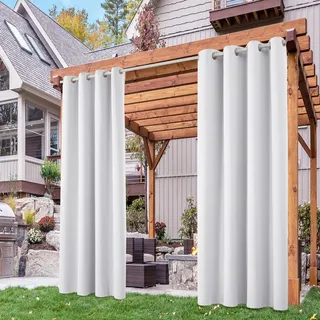 Deconovo Outdoor Vorhang Wetterfest Blickdichte Vorhänge Terrassen Sichtschutz Gardinen Sonnenschutz Wasserdicht Outdoorvorhänge für Balkon Pavillon, 214x132 cm(HöhexBreite), Grau Weiß, 2er Set