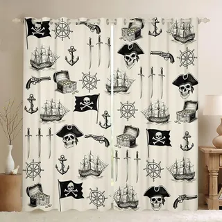 Homemissing Pirat Vorhänge 175x140cm | Maritim Vorhänge Blickdicht mit ösen Ozean Motivgebunden Gardinen Halloween Hell Beige und Schwarz Verdunklungsvorhänge