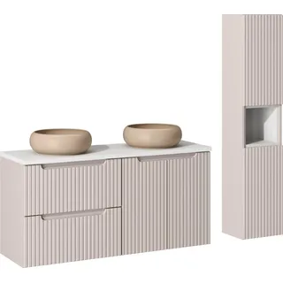 Badezimmerschrank 120 cm mit Arbeitsplatte und zwei beigen Waschbecken + Sockel